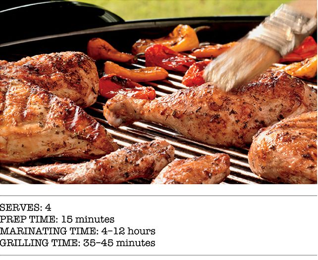 Serves: 4, Prep Time: 15 Minutes, Marinating TIme: 4-12 hours, Grilling Time: 35-45 Minutes