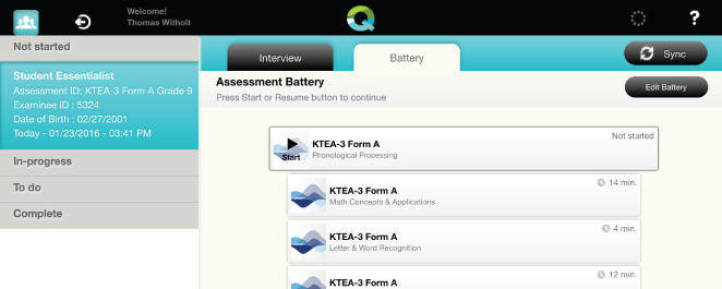 Snapshot showing how to customize the battery from within the Assess app.