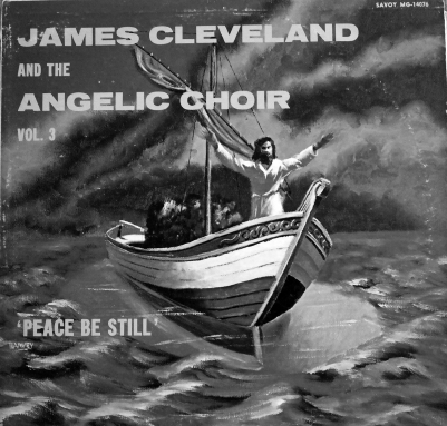 An album cover depicts a boat sailing in a stormy weather. Passengers sit huddled on the boat, while a man stands near the bow and raises his arms.