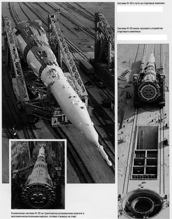 These three images show the N1-L3 stack being prepared (lower inset) in the MIK and then being transported to the launch pad.