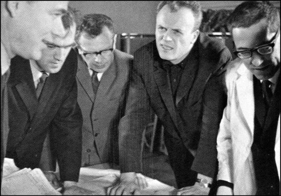 Shown here are the developers of the control system for the N-1 at Pilyugin’s organization (NIIAP): B. P. Tkachev, V. I. Nikiforenko, A. V. Skripitsyn, V. P. Finogeyev, and V. M. Bessonov.