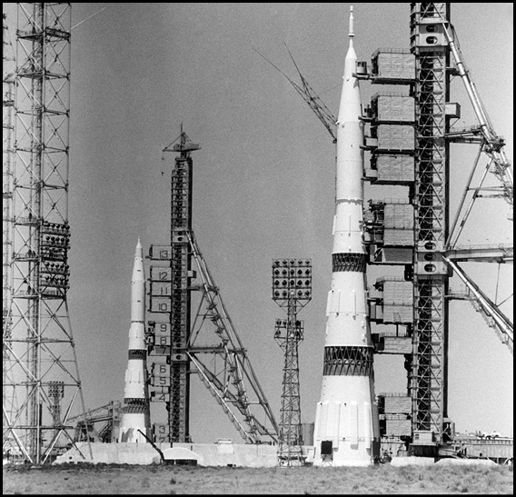 A panoramic view of two N-1 vehicles on their respective launch pads at Site No. 110 at Tyuratam.