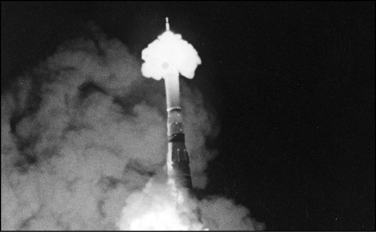 The catastrophic night launch of the second N-1 rocket (vehicle No. 5L). The image shows the moment when the Emergency Rescue System began to operate.