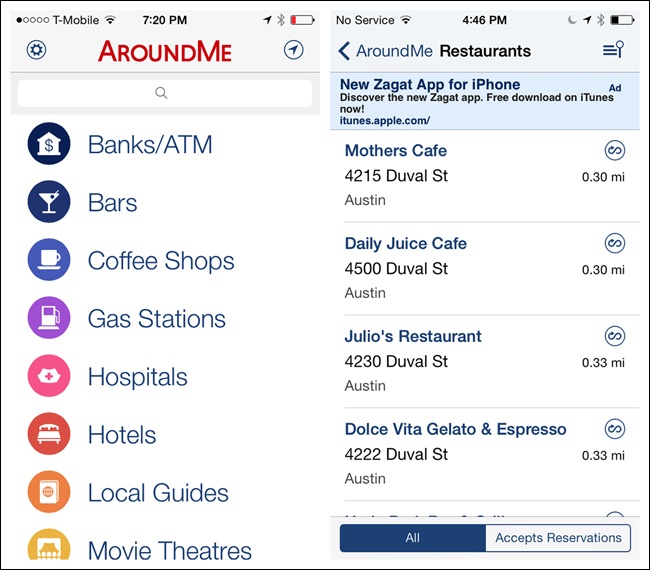 AroundMe for iOS: “Home” or “Menu” might’ve been a better choice for the Back button label