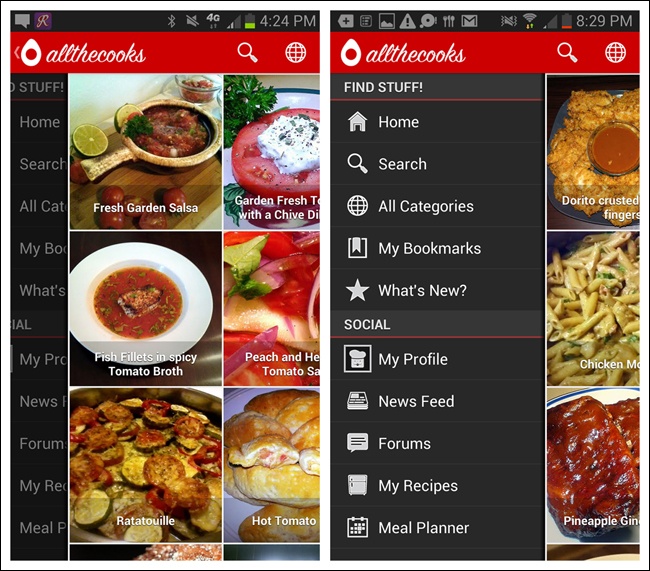 Allthecooks for Android: Side Drawer bumps open when app is launched to alert users it’s there ()