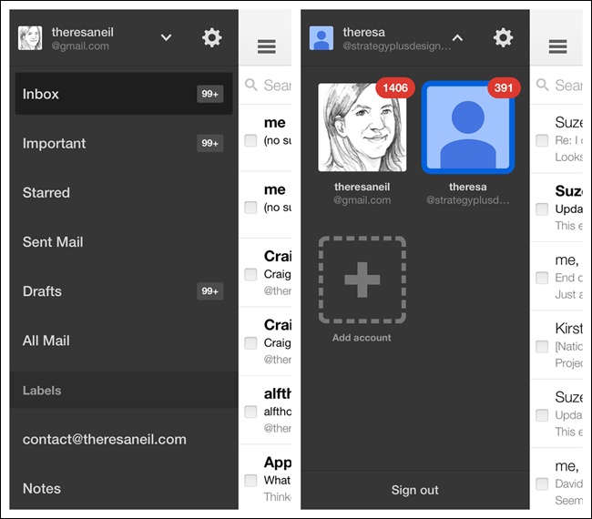 Gmail for iOS: slide-down panel within a Side Drawer lets me switch or add accounts