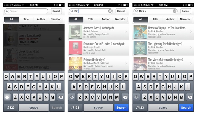Dynamic Search in Audible for iOS narrows results as users type