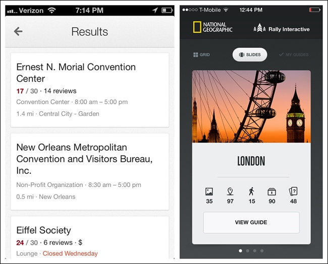 Google Now’s Search Results on cards; National Geographic’s on slides