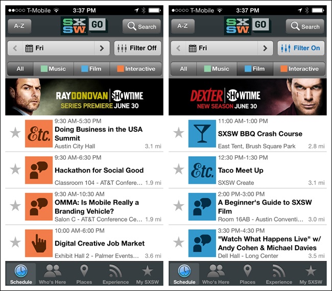SXSW GO for iOS: double-decker filter