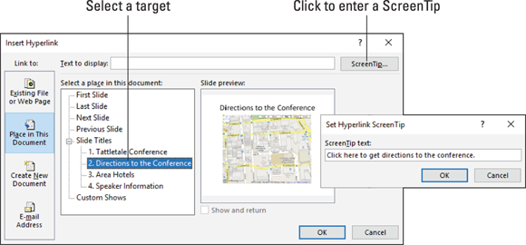 The Set Hyperlink ScreenTip dialog box. List of slides in a presentation, and links to the first, last, next, and previous slide are shown.