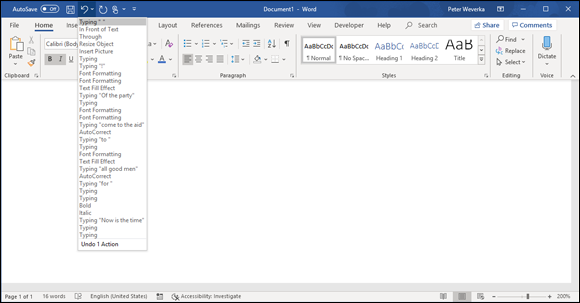 Word Interface showing the Undo drop-down list on the Quick Access toolbar.