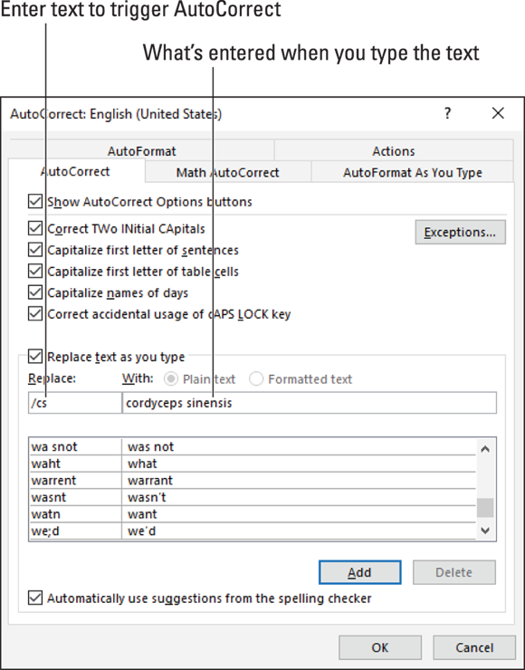 The AutoCorrect dialog box. The AutoCorrect Options buttons, Math AutoCorrect, and AutoFormat As You Type are shown.