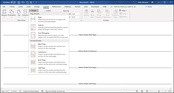 The different section breaks in Draft view. All four section break options create a new section.