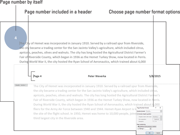 The ways to display page numbers on document pages.