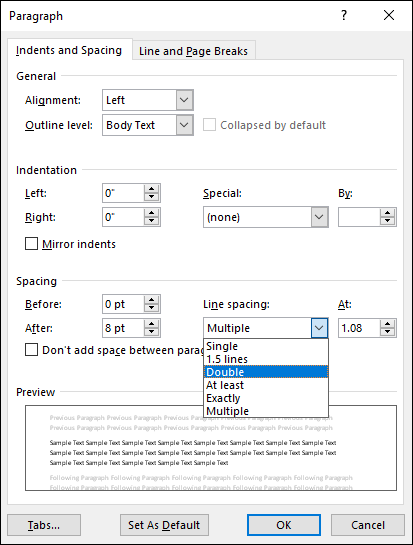 The Paragraph dialog box where the Spacing option “Double” is selected.