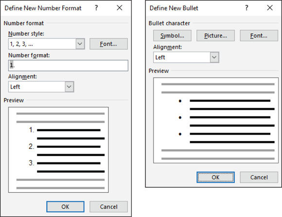 The Define New Number dialog box and the Define New Bullet dialog box.