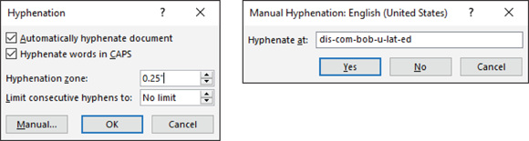 The Hyphenation dialog box. A box with some hyphenation choices are seen.