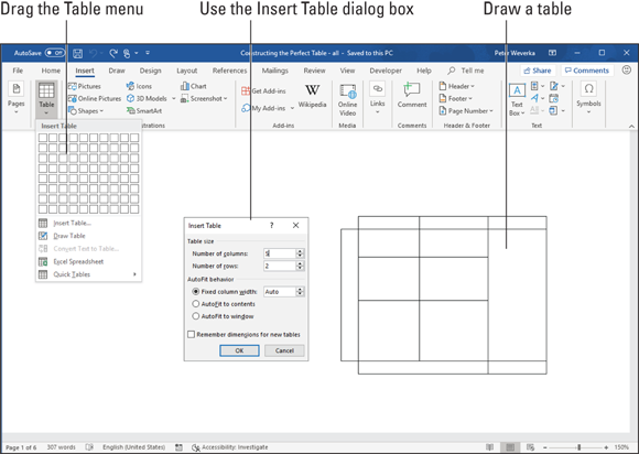 The Insert Table dialog box showing some techniques to create a table.