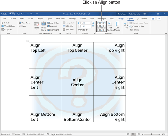 Illustration of the location of the Align buttons on the Layout tab and how these options align text in a table. There are nine ways to align text.