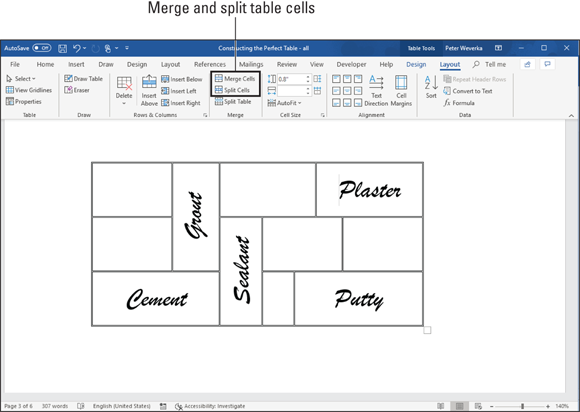 Illustration of the technique to merge and split cells to create unusual tables.