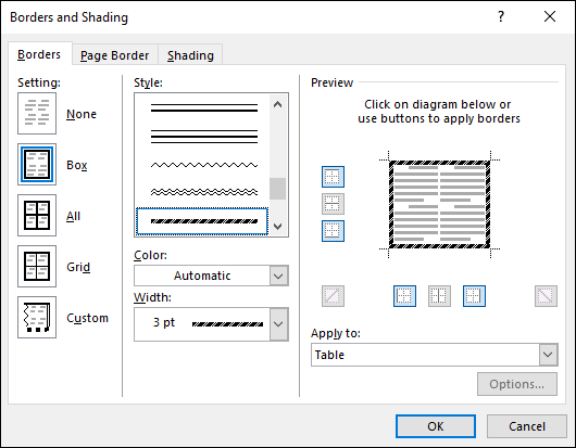 The Borders and Shading dialog box.