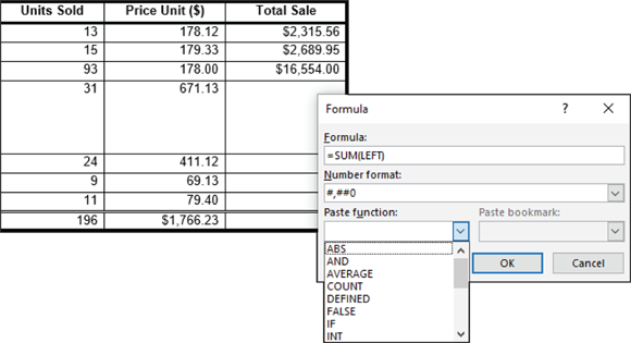 The Formula dialog box. A math formula in a table is shown.