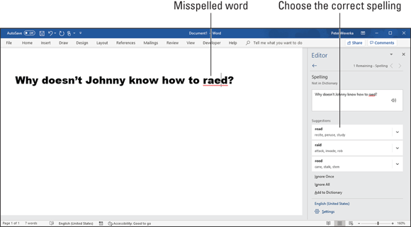 Illustration of correcting a misspelled word in the Editor task pane.