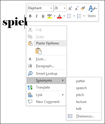 Illustration of right-clicking the word and choosing Synonyms on the shortcut menu to search for the word's synonym.