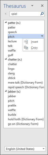 The Thesaurus task pane offering a list of synonyms for easy search.