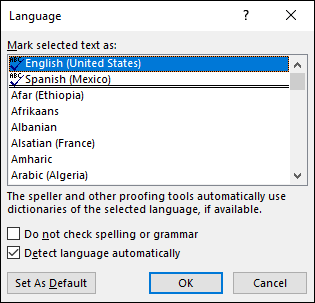 The Language dialog box.