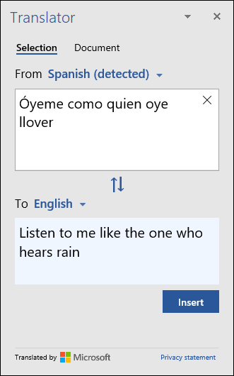 Illustration of using the Translator task pane for translating a word or a phrase.