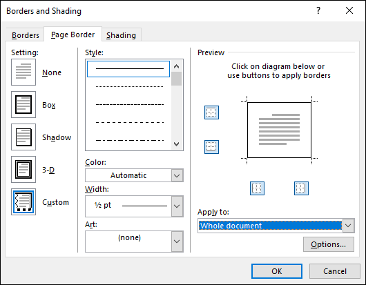 The Borders and Shading dialog box.