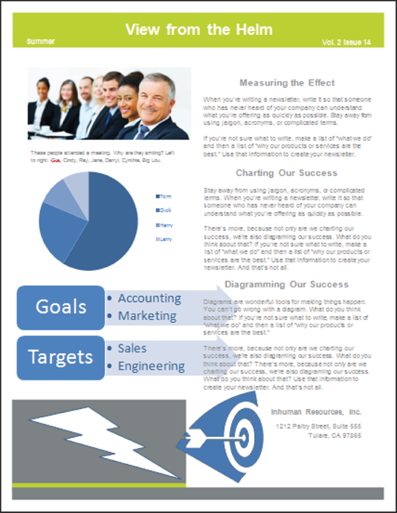 Illustration of a newsletter that includes a chart, diagram, shape, and photo.