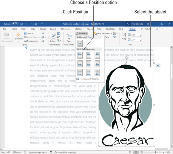 Illustration of the Position options placing an object (picture of Caesar) on one part of the page.