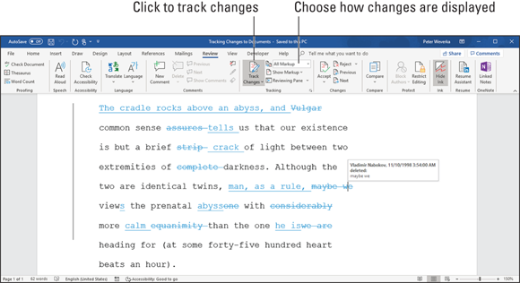 Illustration of a Word document with revision marks and changes showing.