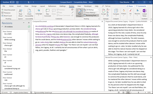 Illustration of comparing Word documents to see where editorial changes were made.