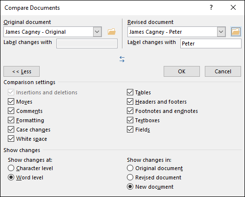 The Compare Documents dialog box.