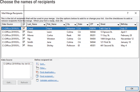 The Mail Merge Recipients dialog box.