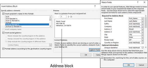 Illustration of Creating the address block (left) and linking it with address fields (right).