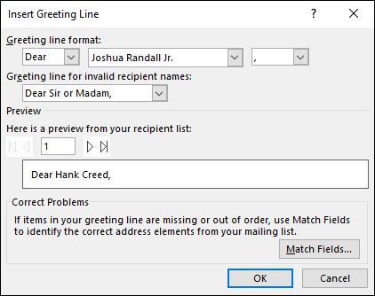 The Insert Greeting Line dialog box.