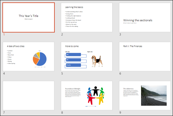 Illustration of slide layouts available in the Blank Presentation template.