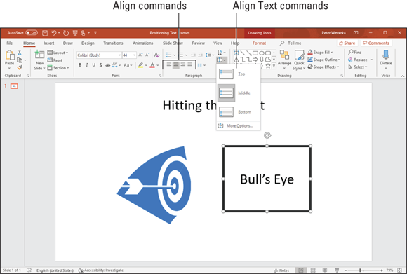 Illustration of choosing an Align Text and an Align command to position text in text frames and boxes.