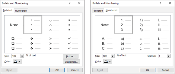 Illustration of the  Bullets and Numbering dialog box.