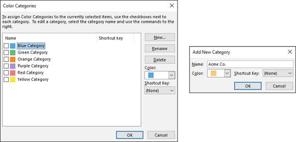 The Color Categories dialog box. Click the New button or Rename button to create a new category.