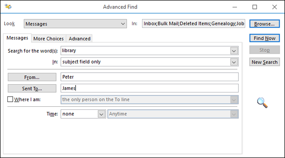 The Advanced Find dialog box.