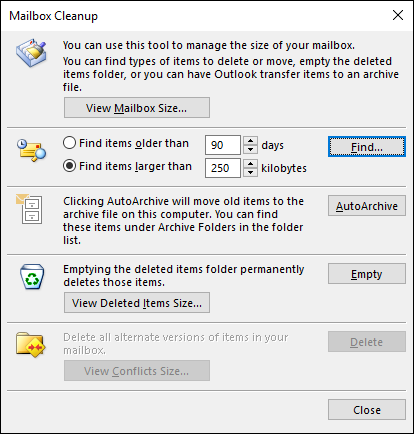 The Mailbox Cleanup dialog box.