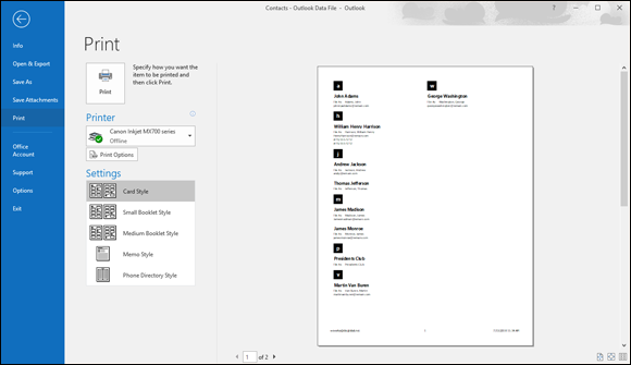 The Print window showing contact information being printed.