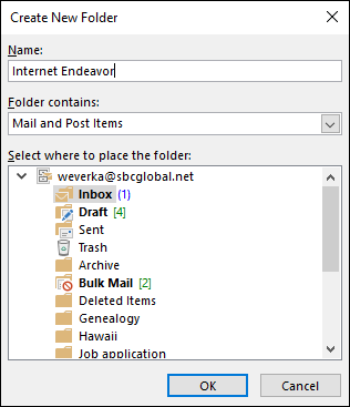 The Create New Folder dialog box.