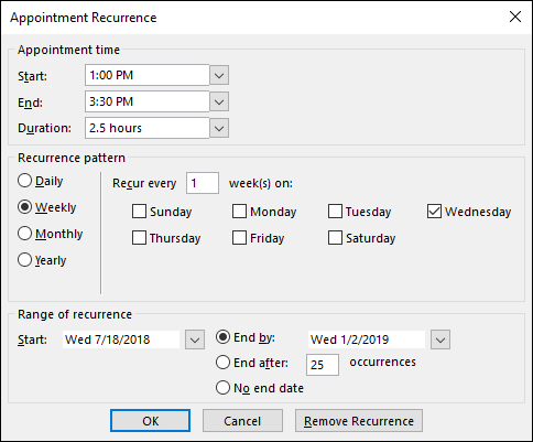 The Appointment Recurrence dialog box.