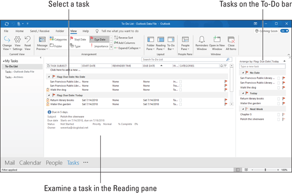 Illustration of the Tasks window showing what has been done and what needs doing.